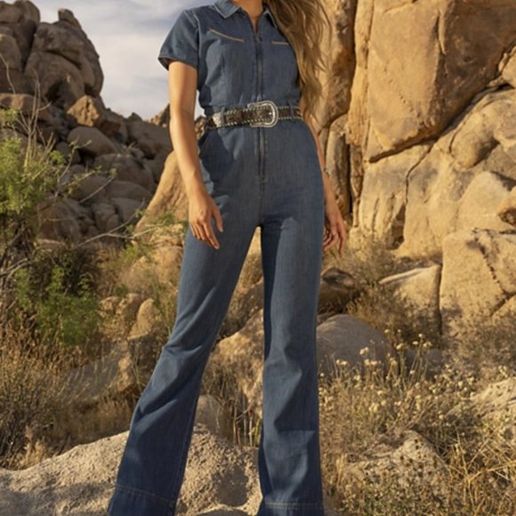 Wrangler Blue Denim Flare Jumpsuit - Picture 5 of 16